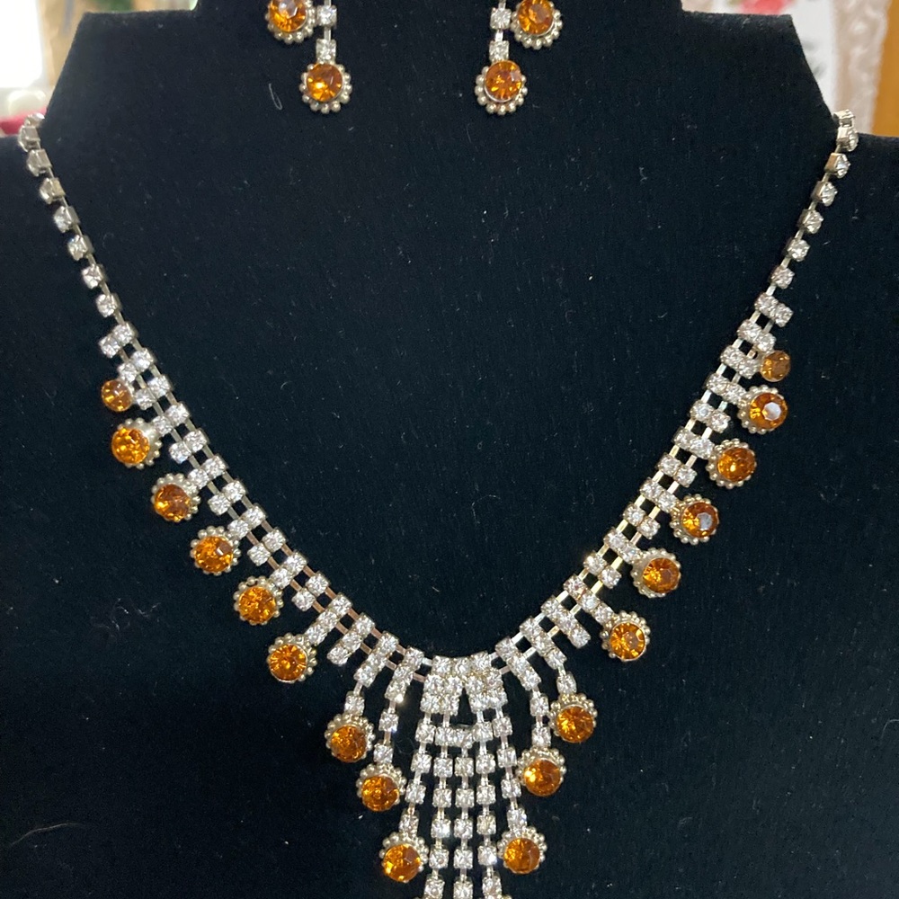 Crystal Avenue New on Card citrine and clear rhinestone necklace/post earrings